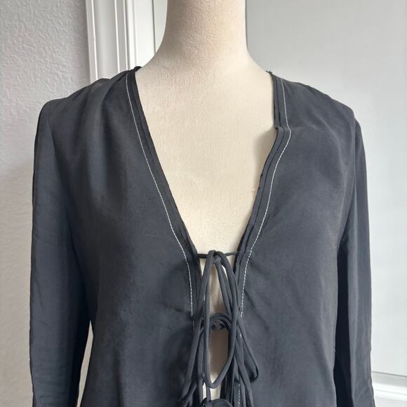 Zara Black Tie-Front Blouse Top Contrast White Stitching Bell Sleeve Y2K Small - Picture 12 of 12